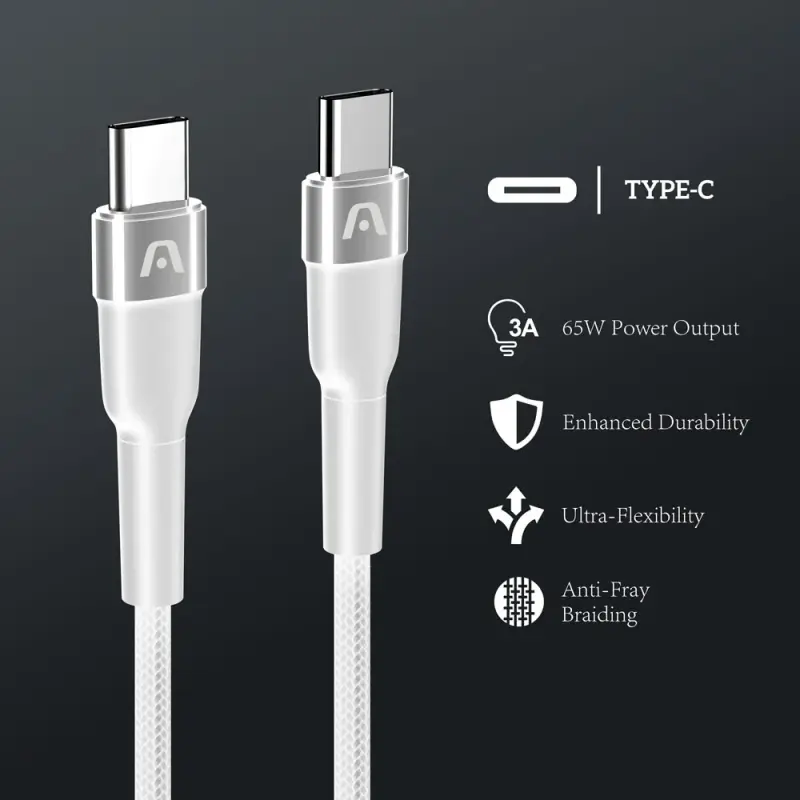 CABLE TRENZADO DE NAILON DURA SPEED DE 65W TIPO C EN AMBOS LADOS DE 1.8M BLANCO ARGCB0047